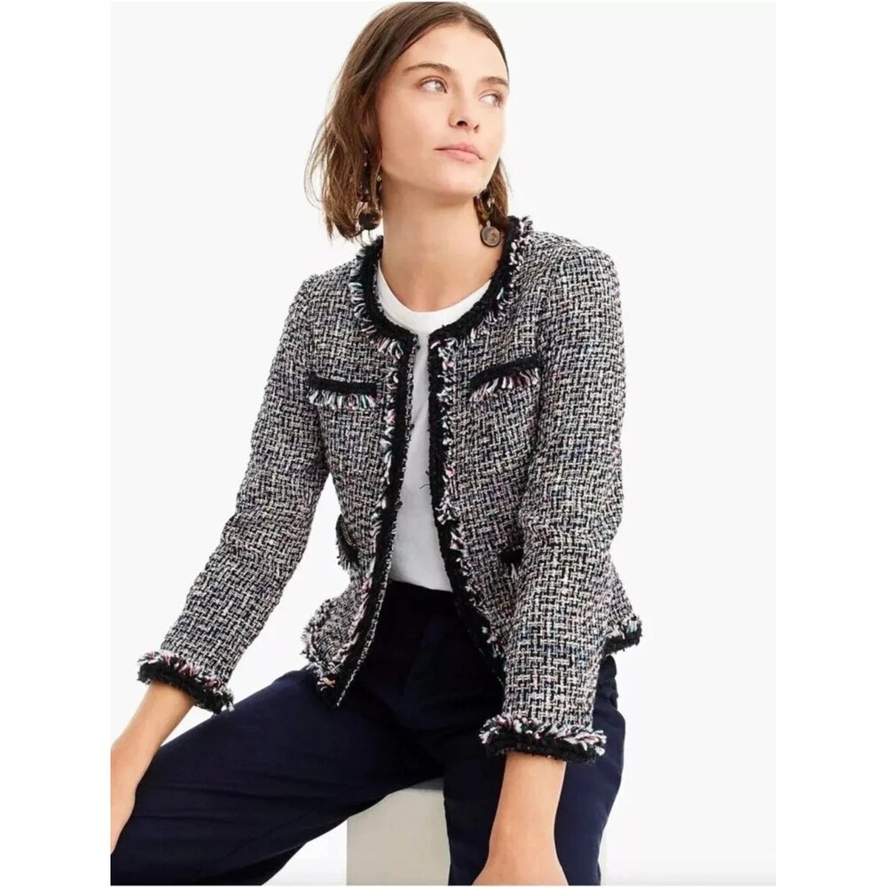 J. Crew Factory Black and White Tweed Fringe Jacket